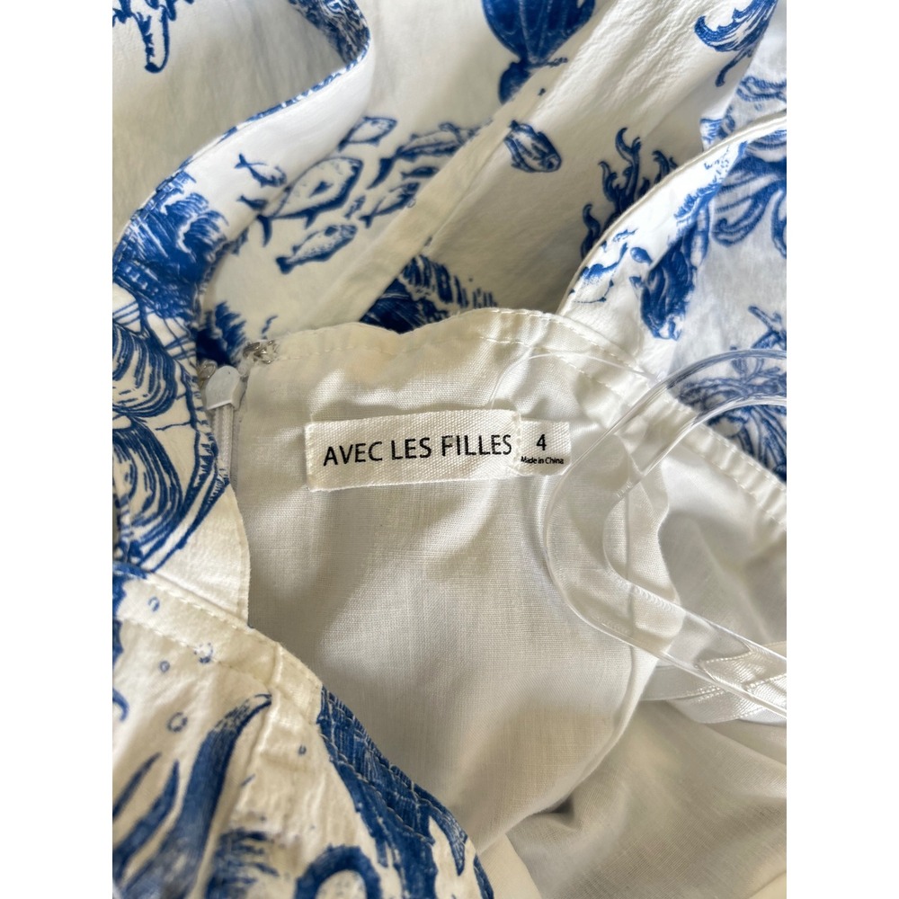 Avec Les Filles Blue White Mermaid Toile Nautical Midi Dress Size 4 sweetheart - Picture 3 of 11